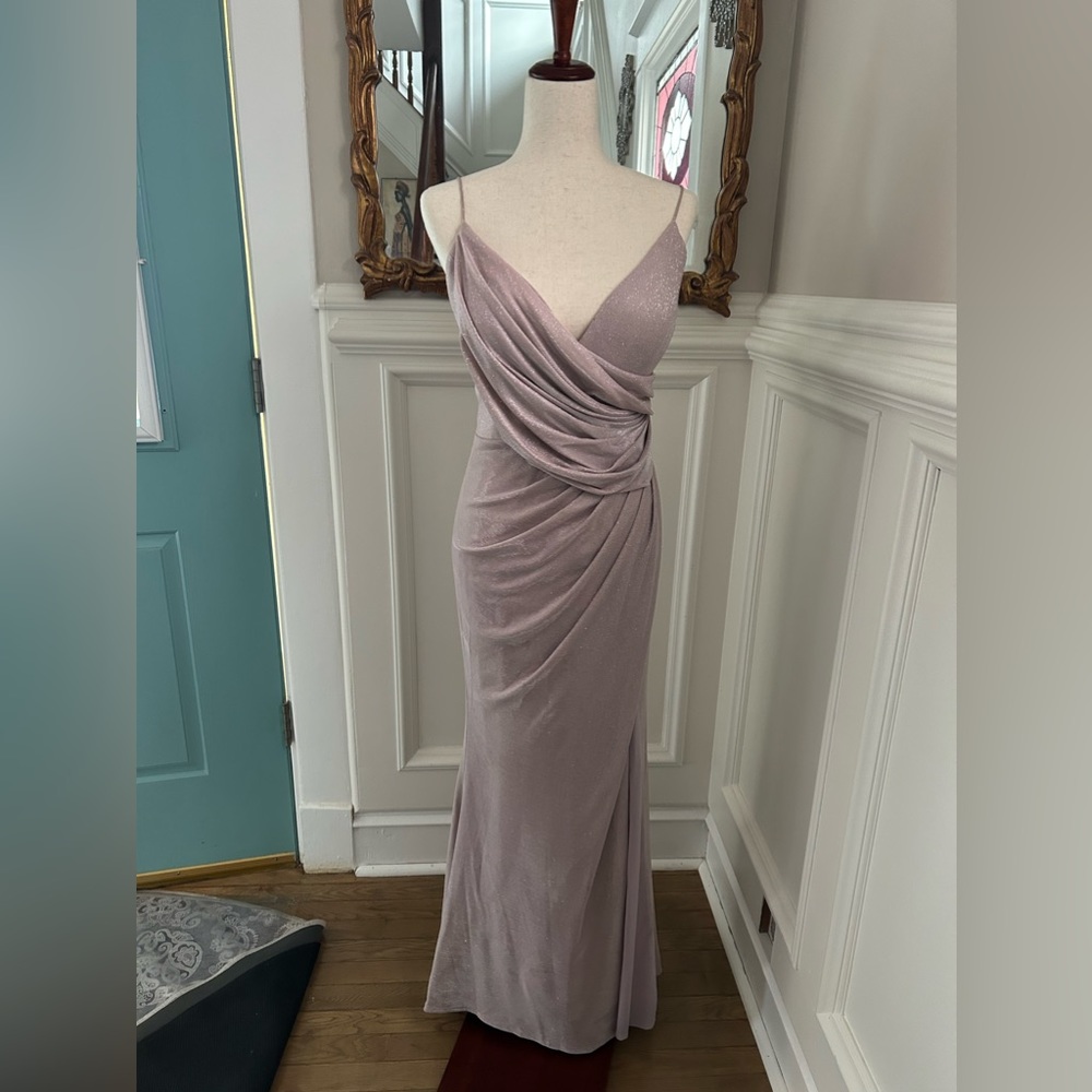 Portia and Scarlett PS1922; Pink/silver high split gown
